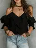 Top de Uma Alça com Babados Estilo Resort Europeu e Americano Novas Alças Finas Decote V Solto Ombro a Ombro Camisa