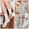Calcetines blancos con volantes de encaje para mujer, longitud hasta la mitad de la pantorrilla, estilo ballet, transpirables, absorbentes del sudor, borde de burbuja, estilo primavera y otoño, calcetines para niñas