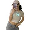 Ropa de Verano para Mujer 2026 Nuevo Estilo Coreano Ajustado Corto Ins Estampado de Mariposa Reflectante que Muestra el Ombligo Camiseta de Manga Corta Superior para Mujer
