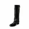 Botas de Calça de Couro Macio Estilo Francês Pequena Fragrância com Corrente Salto Grosso Botas de Cano Alto Cavaleiro Emagrecedoras Salto Alto Retas Longas