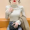 Nuevo suéter de punto con encaje empalmado de cuello semi-alto para otoño e invierno para mujer, camiseta básica de manga larga ajustada, blanco talla única, gris