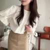 Chic Coreano 2026 Primavera y Verano Nuevo Diseño Corbata de Lazo Mangas de Linterna Mangas de Tres Cuartos Camisa de Cuello Redondo para Mujer