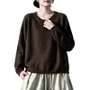 Suéter de punto de algodón suave y cómodo para mujer, de cuello redondo, abotonado en el lateral, de manga larga, corte holgado, adecuado para primavera y otoño, con un estilo casual y artístico.