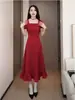 Um Vestido, Quatro Maneiras de Usar: Vestido de Manga Curta com Design Acinturado, Efeito Emagrecedor, Saia Longa Franzida, Vestido Leve Preto e Vermelho Tomate para o Trabalho
