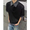 Camiseta de Manga Corta a Rayas con Cuello Polo Falsa de Dos Piezas Estilo High Street Americano para Hombre, Diseño Holgado, Top Versátil Casual de Nicho