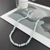 Collar Pequeño Fresco Azul con Anillo y Perlas de Agua Dulce Temperamento Dama Mori Personalidad Moda Cadena para Clavícula