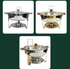 Estufa de Buffet de Acero Inoxidable Cuidadosamente Seleccionada Estufa Redonda Dorada de Alcohol Contenedor de Plato Calentador Visible de Vidrio Estufa de Buffet