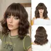 Peruca de festa estilo europeu e americano para mulheres, azul-esverdeada, comprimento dos ombros, cachos curtos ondulados com franja, fibra de alta temperatura, peruca de Halloween, 14 polegadas