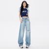 Primavera 2025 Nuevo estilo americano azul claro roto borla suelta estilo coreano High Street Jeans retro recto pierna ancha