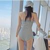 Fábrica de Origen Corea del Sur Dongdaemun Mismo Estilo Rayas Retro Cuello Verano Vacaciones Traje de Baño de una Pieza para Mujer Suministro Transfronterizo