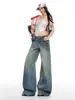 Yechuan # Jeans de Pierna Ancha Sueltos de Tiro Bajo para Mujer, Lavados y Desgastados Estilo Americano, Talla Petite, Pantalones Rectos con Salpicaduras de Graffiti.