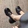 Sapatos Femininos de Couro Pequenos com Salto Grosso Mocassins de Solado Grosso Novo Outono 2025 Calçados de Couro Macio Slip-On Preguiçosos Salto Alto