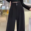 Pantalones de traje negros de pierna ancha para mujer, nueva colección primavera/otoño, talla grande, corte holgado, efecto adelgazante, adecuados para figuras tipo pera, con caída fluida, estilo casual