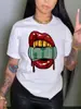 Roupas Femininas de Manga Curta, Camiseta Branca de Manga Curta com Gola Redonda, Estampa Fashionável de Lábios e Dólar, Camiseta com Estampa Independente