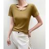 Camiseta de Manga Corta de Moda en Tiktok para Mujer, Nuevo Estilo Primavera/Verano 2026, Color Sólido Básico Cuello en U Ajustado Versátil Top de Algodón Acanalado