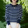 26 Verano Nuevo Estilo Seda de Hielo Rayado Cuello Redondo Delgado Bloque de Color Manga Larga Versátil Moderno Holgado Casual Top de Punto para Mujer
