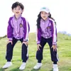 Traje de uniforme escolar primavera e verão estudante do ensino fundamental roupas de classe três peças estilo universitário roupa esportiva roxa jardim de infância roupas de jardim