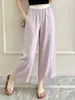 Calças pantalona de cintura alta para mulheres, calças frescas de seda gelada para o verão, calças casuais largas para mães de meia-idade, calças retas de nove pontos com cintura elástica