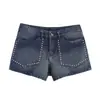 Shorts de tiro bajo versátiles y de gran venta marca Z con remaches, estilo europeo y americano para mujer, mezclilla, poliéster spandex azul oscuro ZA