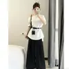 Conjunto completo de calças casuais largas de verão coreanas conjunto de roupa gentil plus size para meninas gordas blusa de manga curta ombro a ombro