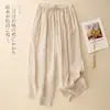 279 # Calça lanterna de algodão e linho de cor sólida artística para mulheres, primavera-verão, cintura elástica, cordão, modelagem solta, tamanhos grandes, calça casual cropped de perna larga