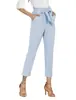 Decoración de Cinturón Transfronteriza al por Mayor Pantalones Cropped Casuales para Mujer Cintura Elástica Diseño de Bolsillos Pantalones Cropped Adelgazantes