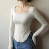 Diseño de principios de otoño con dobladillo abierto, Camiseta básica de cuello redondo para mujer, Corte ajustado, Camiseta de manga larga para el hombro derecho que se puede usar como prenda exterior