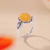 Anel de Dedo Yuebao Jewelry Prata Esterlina S925 Padrão Lótus Cabacinha Âmbar Formato de Ovo Vintage Artístico Design de Nicho