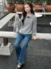 Meninas 2026 Estilo Coreano Estilo Acadêmico Cinza Gola Polo Tricô Conjunto de Duas Peças Moletom Crianças Médias e Grandes Jeans Flare