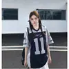 Retro Americano Satén Patchwork No. 11 Camiseta de Punto para Hombre y Mujer, Marca de Verano de Moda, Holgada y Transpirable, Top Dulce y Fresco de Manga Corta