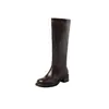 Botas Cavaleiro Tubo Reto Couro Genuíno Estilo Minimalista 2026 Salto Médio Bloco Bico Redondo Couro Genuíno Panturrilha Larga Botas Altas de Calçar para Mulheres