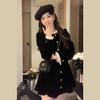 Vestido Elegante de Veludo Estilo Hepburn Chanel Feminino Primavera 2024 Novo de Alta Qualidade Cintura Apertada Emagrecedor Saia Evasê