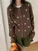 Cardigan Tricotado Retrô Colorido Contrastante Poá Estilo Coreano Gola Redonda Feminino Outono e Inverno Novo Solto Emagrecedor Mais Fácil de Combinar Jaqueta Suéter