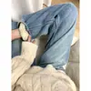 Jeans Retro Estilo Americano Cor Clara Feminino Outono e Inverno Forrado com Lã Espessado Cintura Alta Pequena Solto Skinny Flare Reto Calças