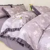 Conjunto de Quatro Peças em Gaze Floral Dupla Camada Estilo Francês, Renda Pura de Algodão, Capa de Edredom com Borda Franzida, Roupa de Cama