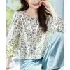 Camisa Floral Francesa Feminina Manga Longa Outono 2025 Nova Fina Estilo Pastoral Top Solto Casual Gola Redonda Camisa