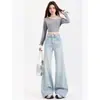 Calça flare de brim stretch bordada de cor clara da LiLi para mulheres, verão 2026, cintura baixa, corte slim, perna longa que alonga a silhueta