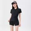 Maiô Shorts Dividido Preto de Manga Curta para Mulheres, Traje Esportivo de Verão de Secagem Rápida, Roupa de Banho Fitness Emagrecedora e que Cobre a Barriga
