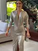 Otoño 2025 Nuevo Diseño de Moda Europea y Americana Transfronterizo Amazon para Mujer Vestido de Color Sólido con Escote en V y Cintura Ceñida
