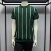 Camiseta de Punto de Manga Corta para Hombre, Seda de Hielo, Textura de Raya Vertical de Verano, Corte Ajustado, Estilo Old Money, Negocios, Venta al por Mayor de Fábrica Transfronteriza
