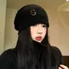 Gorro de Punto Retro Japonés con Botones Holgado para Mujer, Gorro Cálido de Invierno de Alta Gama, Gorro para la Cabeza a Prueba de Frío con Tacto Premium