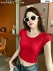 9806# Verano Nuevo Estilo Puro Deseo Cuello Redondo Caliente Diseño de Pedrería Camiseta de Manga Corta para Mujer Ajustado Body con Almohadillas en el Pecho