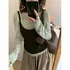 Conjunto de camisola estilo coreano para niña, top de punto de manga larga verde retro de otoño, conjunto de dos piezas en capas con camisola