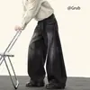 Jeans negros de diseño retro americano con orejas de gato para hombre y mujer, elegantes y desgastados, pantalones casuales anchos de calle