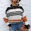 Suéter de Gola Redonda Tricotado Color Block Listrado Casual Solto Outono Inverno 2026 Popular