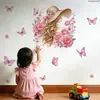 M22097 Niña con Sombrero de Paja Floral Acuarela Mariposa Adhesivo de Pared Sala de Estar Dormitorio Decoración de Pared de Fondo del Hogar Adhesivo de Pared Autoadhesivo