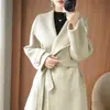 Abrigo de lana para mujer, de longitud media, tejido de lana de doble cara, con cinturón y bolsillos, color liso, versátil, engrosado, cálido, estilo nuevo