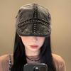 Gorra Vintage de Mezclilla Negra con Remaches para Mujer Lavada de Cara Vieja Pequeña Boina Estilo Americano Sombrero para Cabeza Grande Trendy