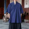 Bata holgada, imitación lino, talla grande, manga corta, inspirada en el Zen, cárdigan de estilo antiguo para hombre, con cuello cruzado y tapeta diagonal, chaqueta Hanfu, estilo chino de verano