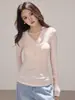 Shengdu26 Primavera/Verão Novo Estilo Coreano Puro Desejo Tencel Gola V Slim Fit Versátil Camada Base Manga Longa Camiseta Top